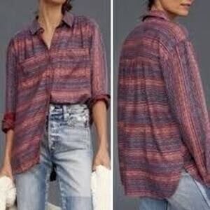 Anthropologie Pilcro Top Shirt NEW Large Button Up Abstract Metallic Red Plum
